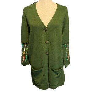 VTG Bob Mackie Green Dream Catcher Button-Front Cardigan Sweater Size L